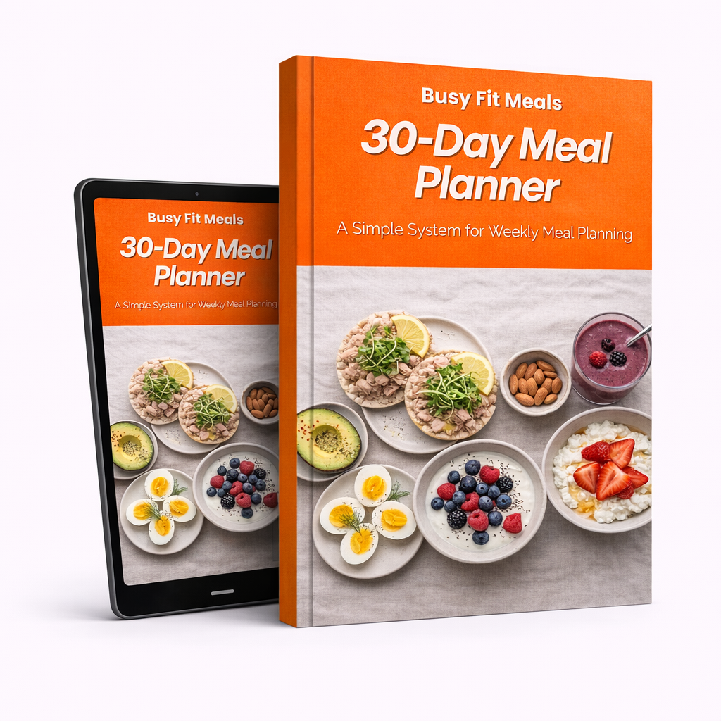 Book titled '30-Day Meal Planner' by Busy Fit Meals with images of meals on a white background.